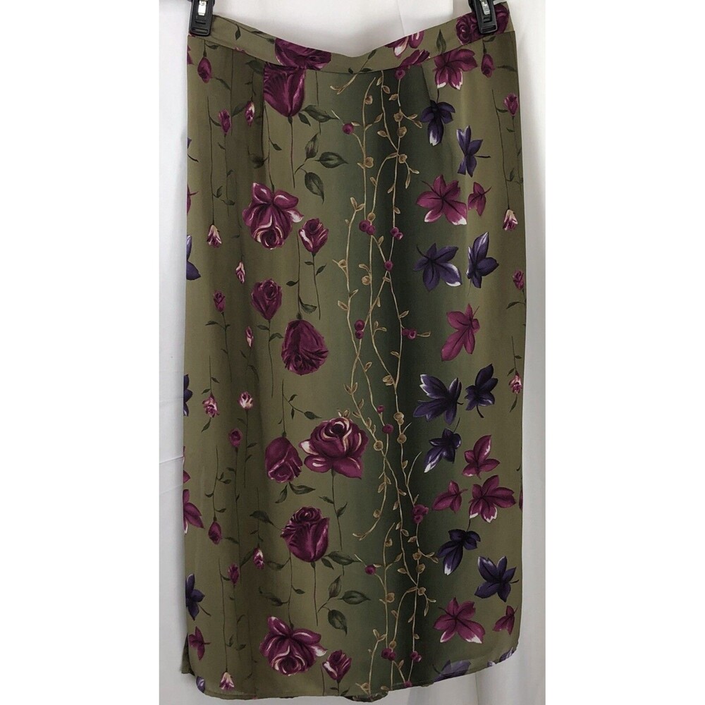 Vintage Bentley Midi Flowy Midi Skirt 20 Green Floral 32"W Slits Fairy Hippie